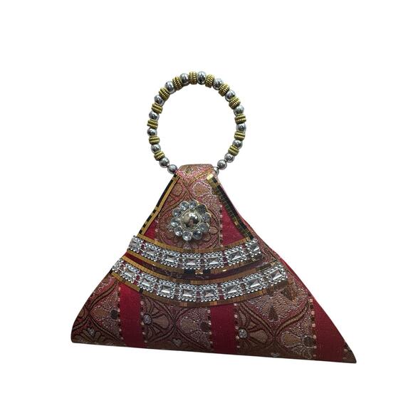 Vintage Triangle Fun Party Hippy Mirrored Boho Mini Handbag Beaded Handle 70s - Picture 10 of 10